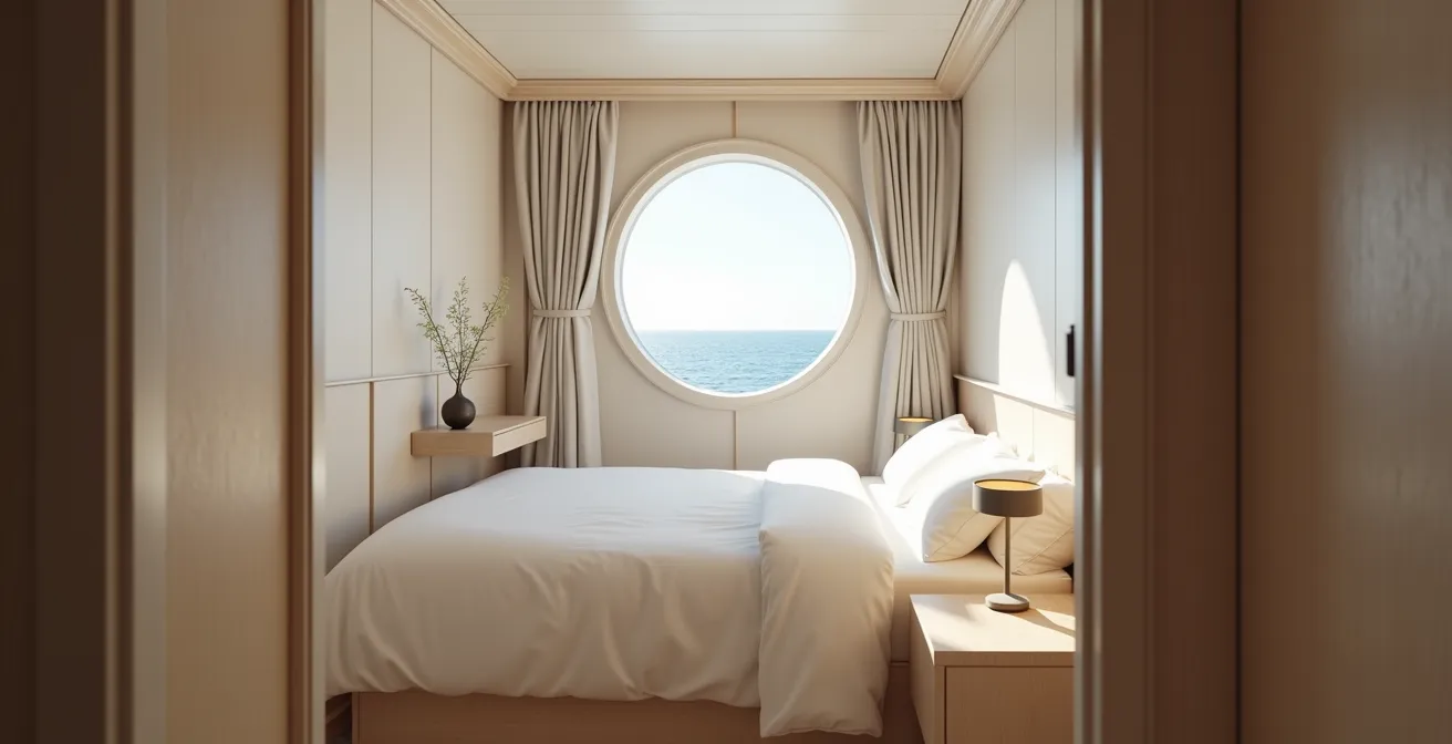 Intérieur minimaliste d'une cabine de ferry avec lit confortable et fenêtre avec vue maritime