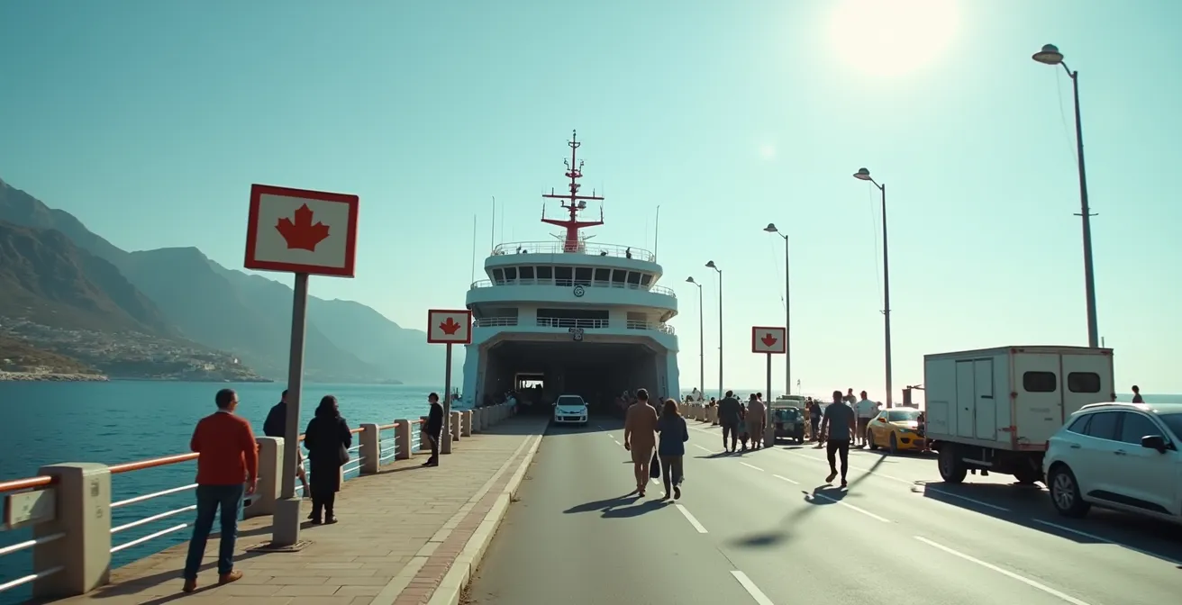 Vue dynamique du débarquement d’un ferry avec véhicules et passagers sur un quai méditerranéen ensoleillé