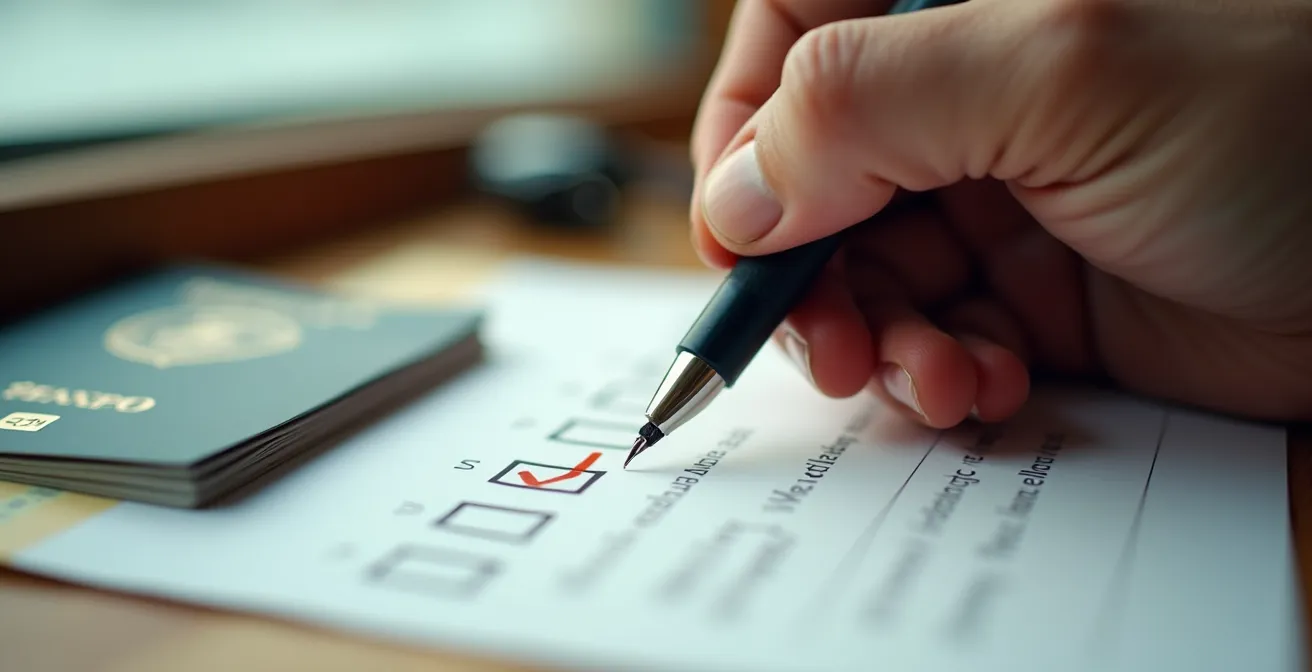 Gros plan sur les mains d'une personne cochant les éléments d'une checklist, avec des objets de voyage disposés sur une table en arrière-plan flou