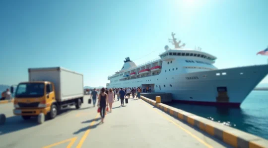 Photo réaliste d'un ferry s'apprêtant à embarquer des passagers et véhicules au port, avec la mer et le ciel bleu en arrière-plan