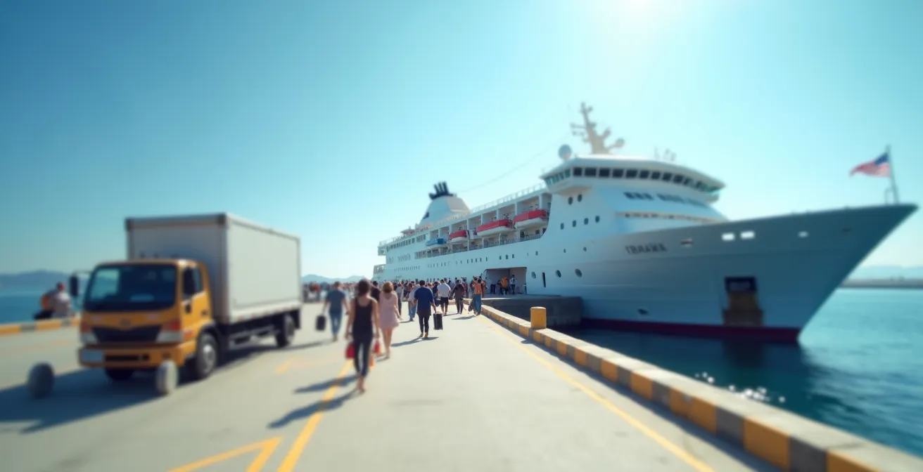 Photo réaliste d'un ferry s'apprêtant à embarquer des passagers et véhicules au port, avec la mer et le ciel bleu en arrière-plan