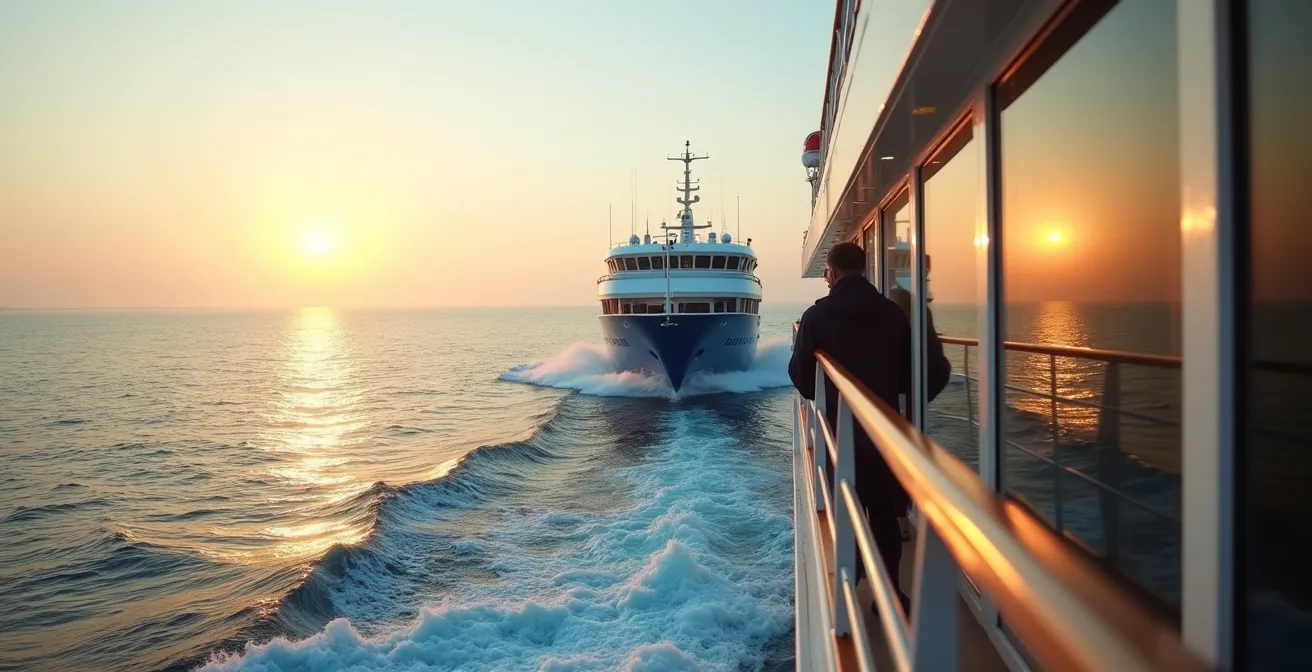 Vue d'une traversée maritime en ferry vers la Sardaigne, bateau en navigation méditerranéenne
