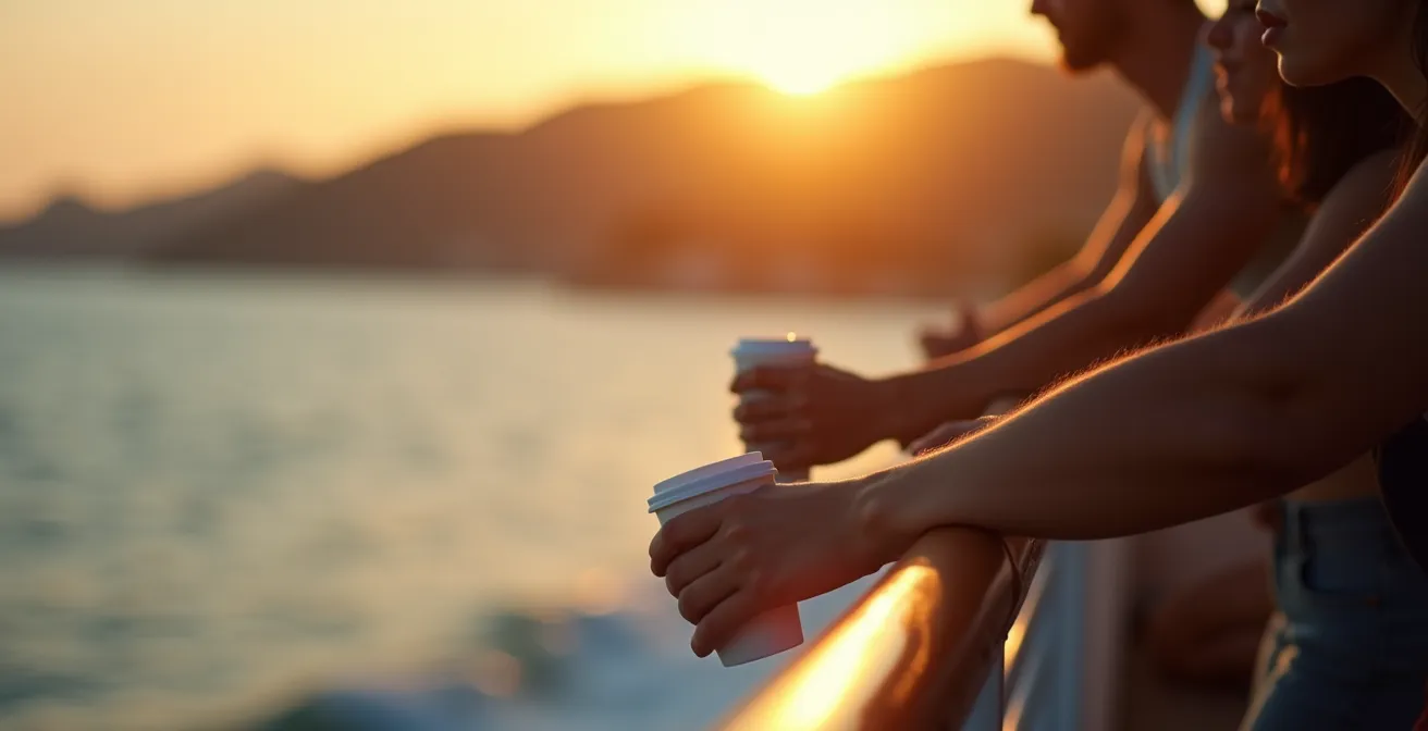 Passagers à la rambarde d'un ferry au départ, regardant les côtes s'éloigner au coucher de soleil