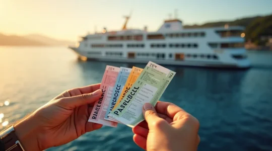 Une main tenant des billets de ferry face à la silhouette d'un navire moderne sur la mer Méditerranée en fin d'après-midi