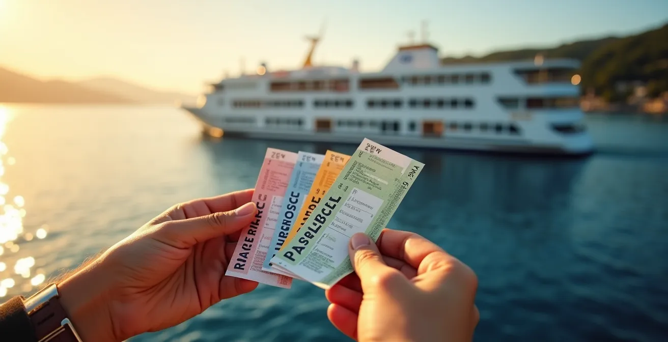 Une main tenant des billets de ferry face à la silhouette d'un navire moderne sur la mer Méditerranée en fin d'après-midi