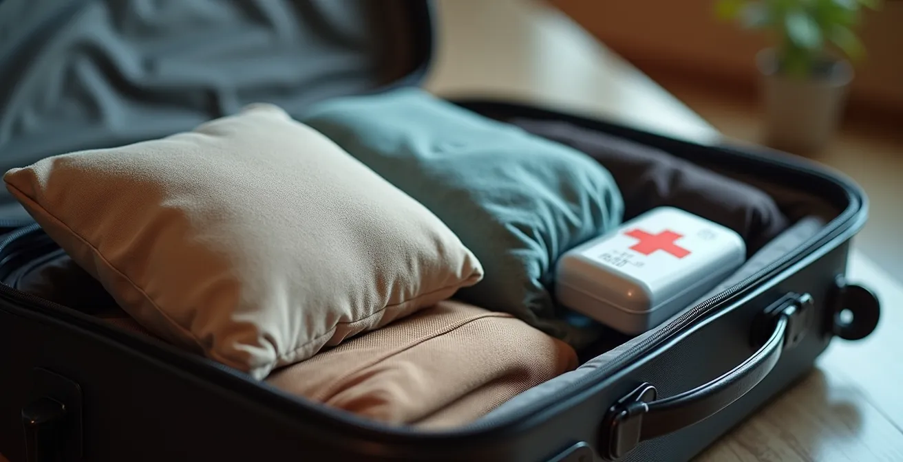 Gros plan sur une valise ouverte montrant un coussin de voyage, une couverture et une trousse de secours