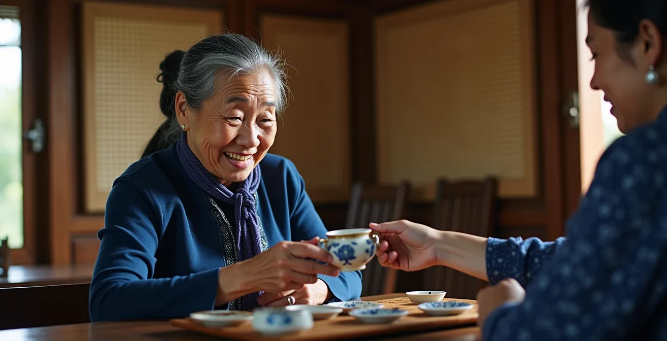 Guide local facilitant une rencontre entre voyageurs et famille ethnique Hmong