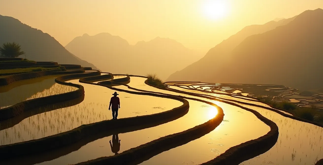 Rizières en terrasse au lever du soleil avec espace négatif et composition épurée