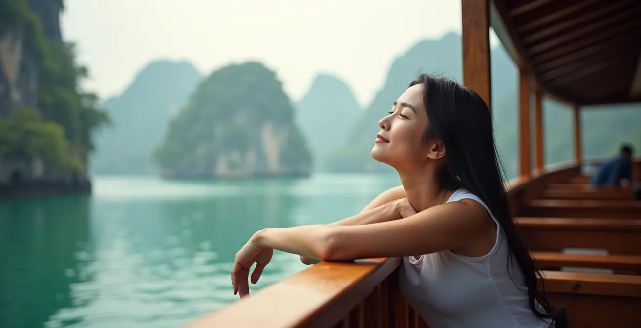 Voyageur serein sur le pont d'une jonque traditionnelle dans la baie d'Halong