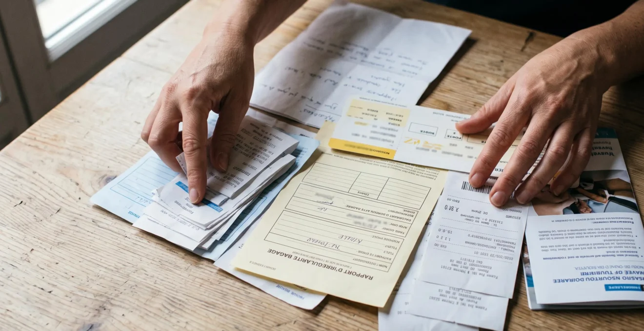Mains d'un voyageur organisant des documents de voyage incluant carte d'embarquement, formulaire PIR, reçus et justificatifs sur une table.