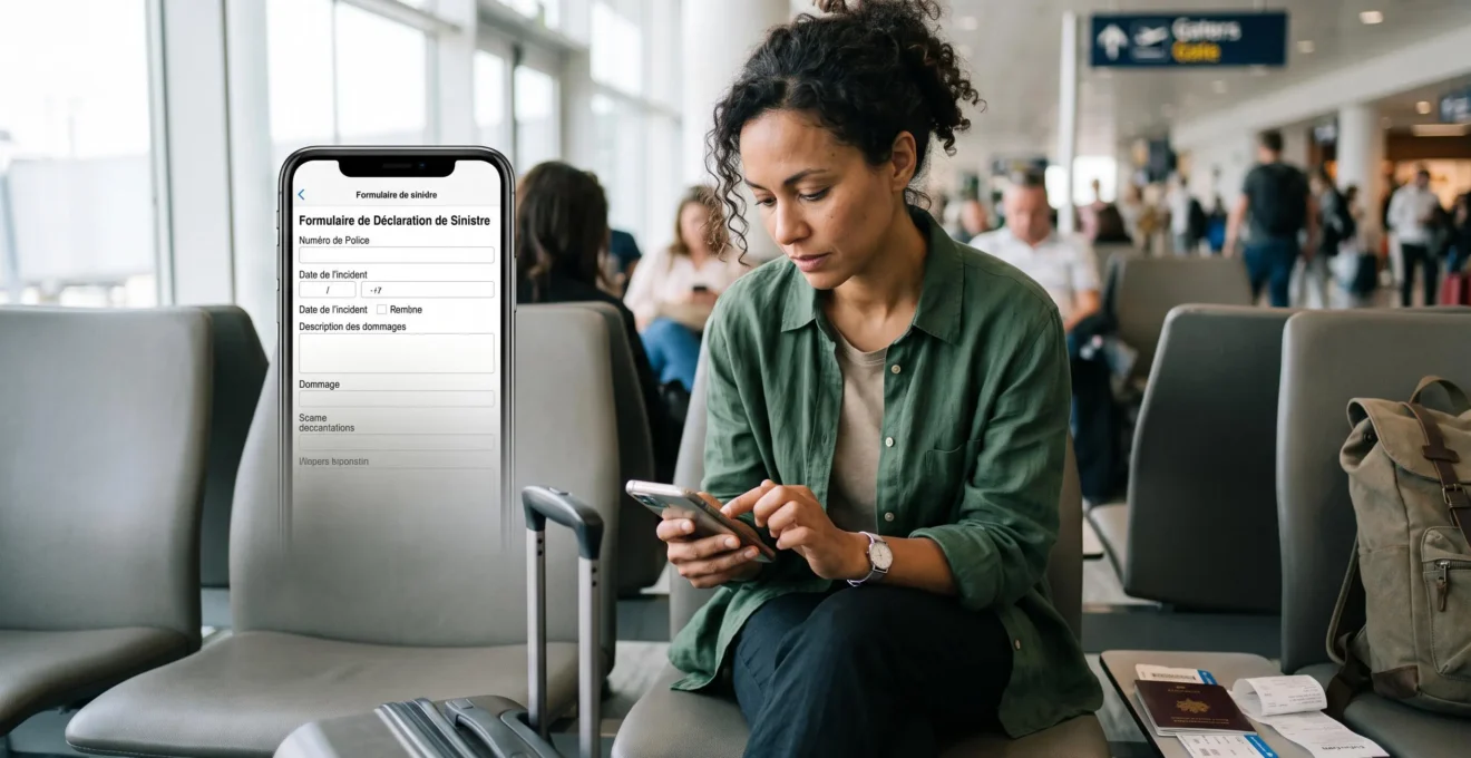 Voyageur utilisant son smartphone pour remplir une déclaration de sinistre auprès de son assurance voyage, documents visibles à proximité.