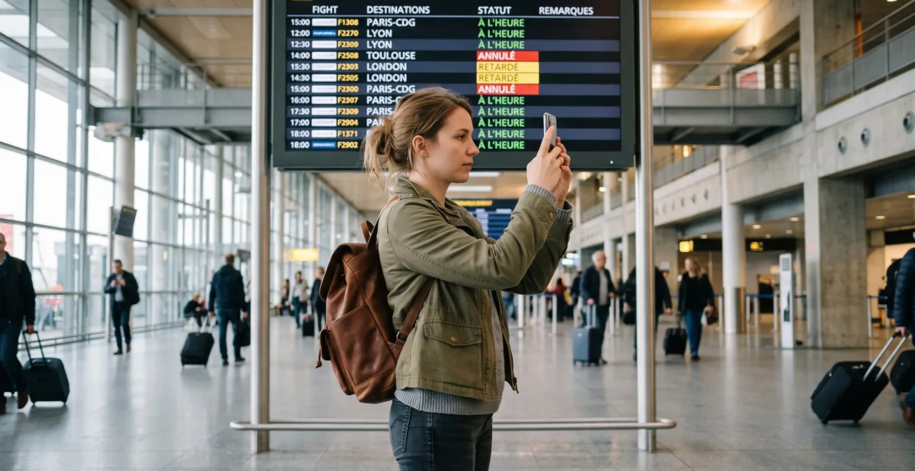 Voyageur photographiant avec son smartphone le tableau d'affichage des vols dans un aéroport montrant des annulations et retards.