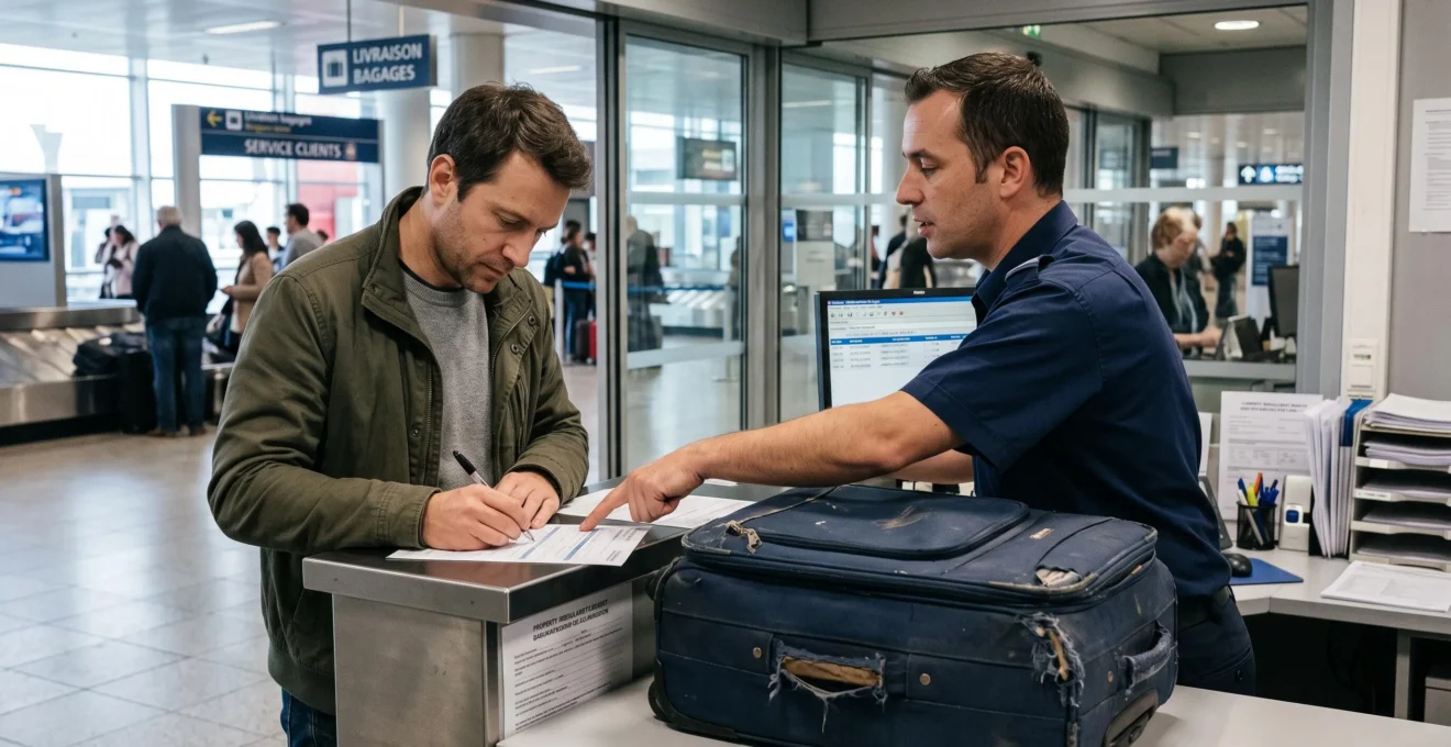 Voyageur remplissant un formulaire PIR au comptoir bagages d'un aéroport avec un agent de service, bagage endommagé visible sur le comptoir.